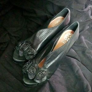 Vince Camuto Black Leather Rose Platform Stilettos
